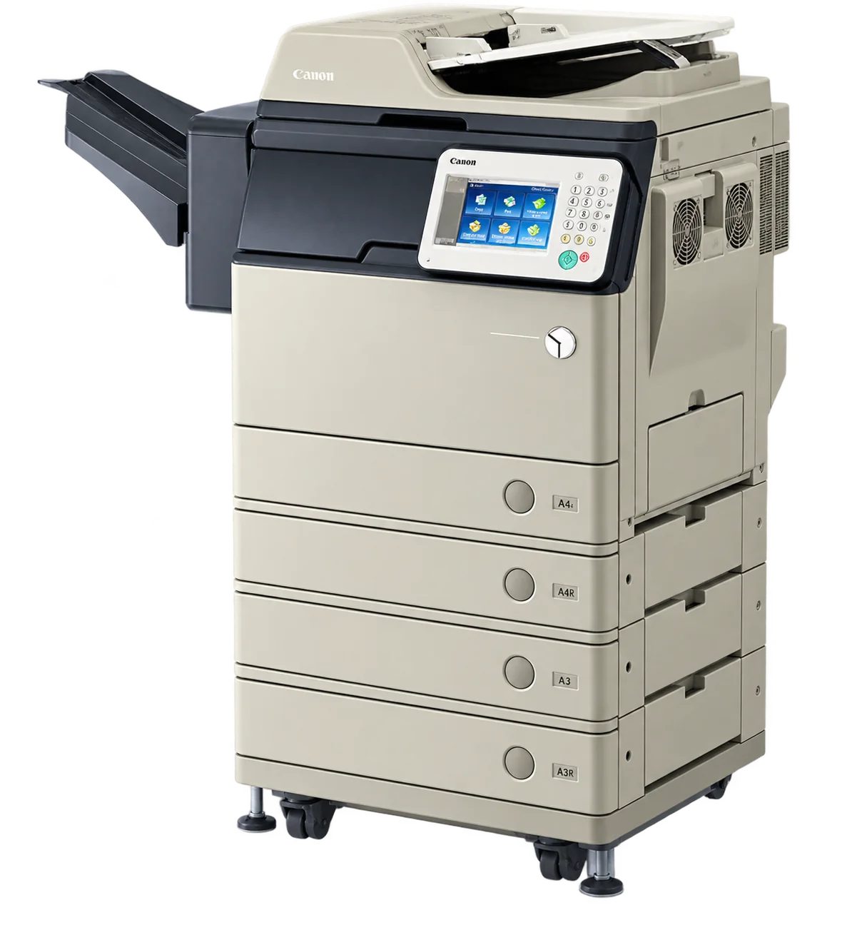 Photocopieur multifonction beige et noir avec écran tactile, réceptacle latéral et quatre bacs papier