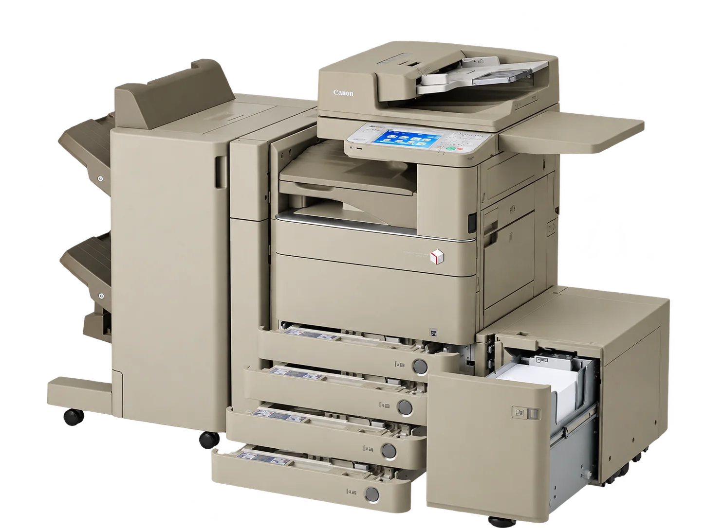 Photocopieur multifonction Canon beige avec module de finition, tiroirs papier ouverts et grand magasin papier latéral